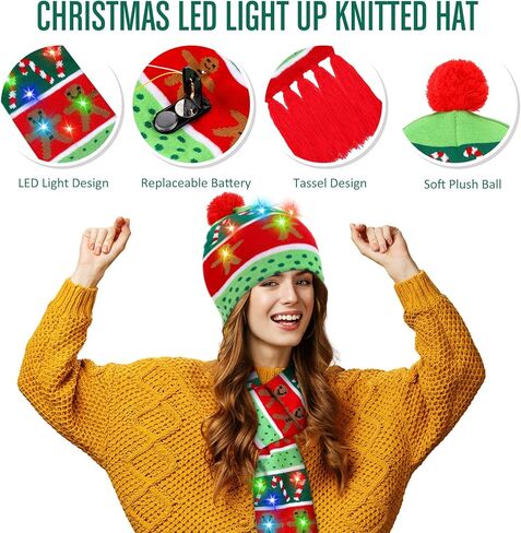 4 قطع عيد الميلاد LED تضيء القبعات و تضيء طقم أربطة عنق LED عيد الميلاد قبعة متماسكة قبعة عيد الميلاد وشاح LED وشاح in Kuwait