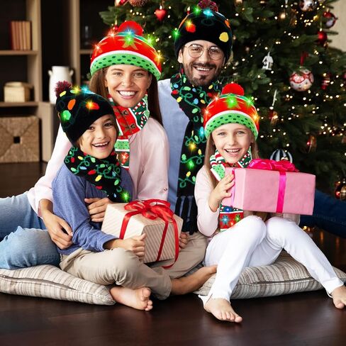 4 قطع عيد الميلاد LED تضيء القبعات و تضيء طقم أربطة عنق LED عيد الميلاد قبعة متماسكة قبعة عيد الميلاد وشاح LED وشاح in Kuwait