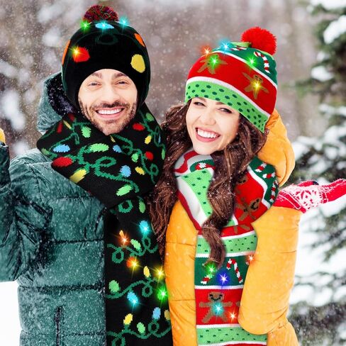 4 قطع عيد الميلاد LED تضيء القبعات و تضيء طقم أربطة عنق LED عيد الميلاد قبعة متماسكة قبعة عيد الميلاد وشاح LED وشاح in Kuwait