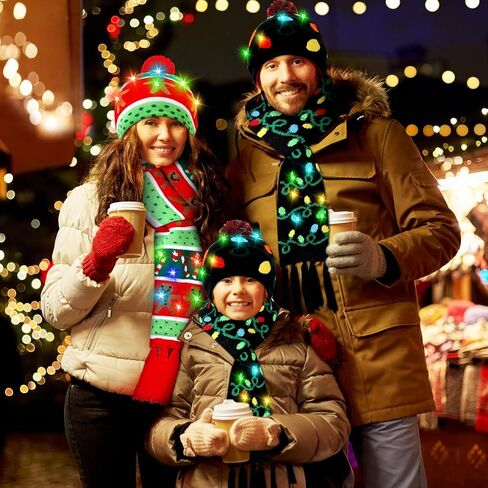 4 قطع عيد الميلاد LED تضيء القبعات و تضيء طقم أربطة عنق LED عيد الميلاد قبعة متماسكة قبعة عيد الميلاد وشاح LED وشاح in Kuwait
