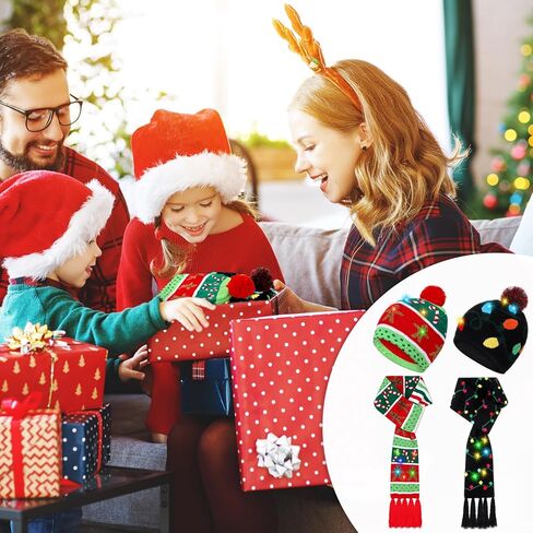 4 قطع عيد الميلاد LED تضيء القبعات و تضيء طقم أربطة عنق LED عيد الميلاد قبعة متماسكة قبعة عيد الميلاد وشاح LED وشاح in Kuwait