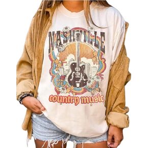 Women's Oversized Country Music Shirts Nashville Concert Outfit Casual Rock Band Tshirt Vintage Graphic Tees Tops V-Black