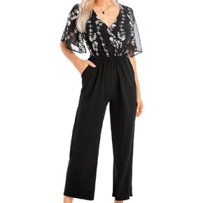 جمبسوت Hojalis للنساء برقبة على شكل حرف V وأكمام قصيرة وأزرار كاجوال مرنة وخصر عالي وساق واسعة ورقبة من الدانتيل in Kuwait