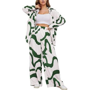 ملابس SCUSTY للسيدات مكونة من قطعتين وأكمام طويلة وأزرار سفلية وقميص علوي واسع الساق أطقم ملابس للاستلقاء غير رسمية in Kuwait