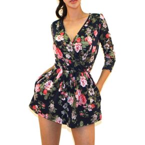 Vivicastle Women's USA Printed V-Neck 3/4 Sleeve Faux Wrap Waist Tie Romper Jumpsuit