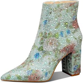 MSONLYDN Rhinestone Cowboy Boots for Women - Pointed Toe Block Heel Sparkly Cowgirl Ankle Boots Mid Calf Short