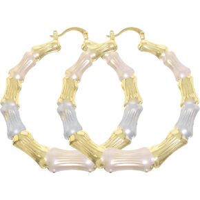Women's Classic Tri-Colored (Silver, Gold, Rose Gold) Bamboo Round Shaped Hollow Casting Statement Hoop Earrings Small Big Largse Sizes 40-80mm in Kuwait