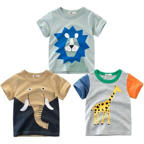 LMYOVE Toddler Baby Little Boy Shirts Summer Outfits Short Sleeve Crewneck Top Tee Set 3 Pack 2-6T Kids Animal Dinosaur