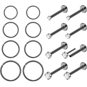 LOAYHOAY 16Pcs 18G 20G 316L Stainless Steel Threadless Push in Nose Rings Studs for Women Men Nose Rings Hoop Nose Piercing Jewelry CZ 1.5-3mm