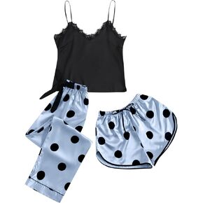 Vrtige Women's 3 Piece Satin Polka Dots Pajamas Set Lace Cami Top and Pants with Shorts PJs Set