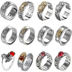 JEWPARK 12 قطعة Feng Shui Pixiu Mantra Ring للرجال والنساء البوذية تميمة الحظ السعيد تعويذة حماية مزدوجة حلقة الثروة الحظ حلقات العقيق القابلة للتعديل هدية in Kuwait