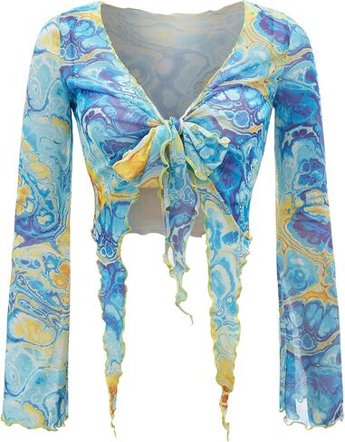 Milumia Women's Mesh Knot Front V Neck Slit Long Sleeve Lettuce Trim Crop Tee Tops in Kuwait