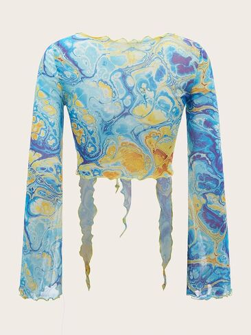 Milumia Women's Mesh Knot Front V Neck Slit Long Sleeve Lettuce Trim Crop Tee Tops in Kuwait
