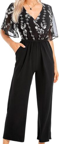 جمبسوت Hojalis للنساء برقبة على شكل حرف V وأكمام قصيرة وأزرار كاجوال مرنة وخصر عالي وساق واسعة ورقبة من الدانتيل in Kuwait