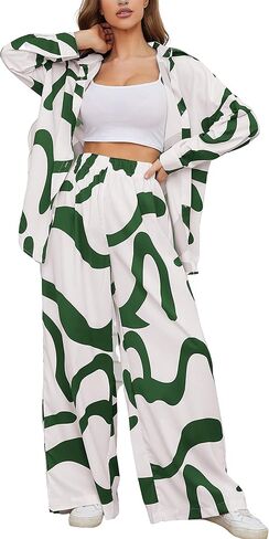 ملابس SCUSTY للسيدات مكونة من قطعتين وأكمام طويلة وأزرار سفلية وقميص علوي واسع الساق أطقم ملابس للاستلقاء غير رسمية in Kuwait