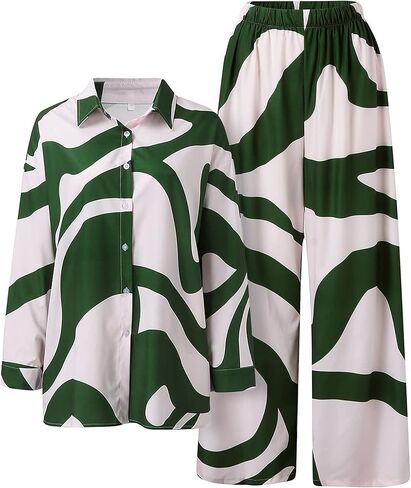 ملابس SCUSTY للسيدات مكونة من قطعتين وأكمام طويلة وأزرار سفلية وقميص علوي واسع الساق أطقم ملابس للاستلقاء غير رسمية in Kuwait