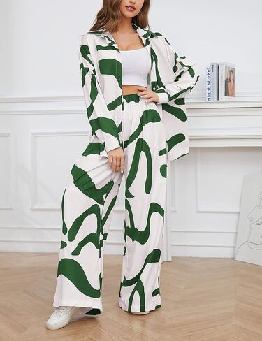 ملابس SCUSTY للسيدات مكونة من قطعتين وأكمام طويلة وأزرار سفلية وقميص علوي واسع الساق أطقم ملابس للاستلقاء غير رسمية in Kuwait