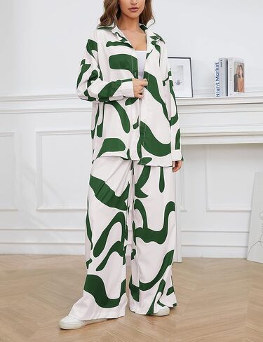 ملابس SCUSTY للسيدات مكونة من قطعتين وأكمام طويلة وأزرار سفلية وقميص علوي واسع الساق أطقم ملابس للاستلقاء غير رسمية in Kuwait