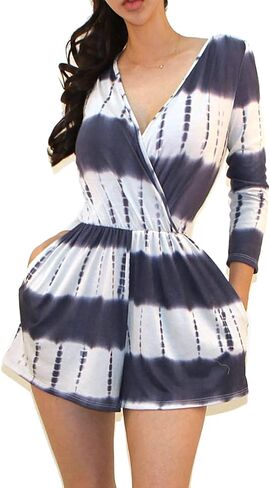 Vivicastle Women's USA Printed V-Neck 3/4 Sleeve Faux Wrap Waist Tie Romper Jumpsuit in Saudi Arabia