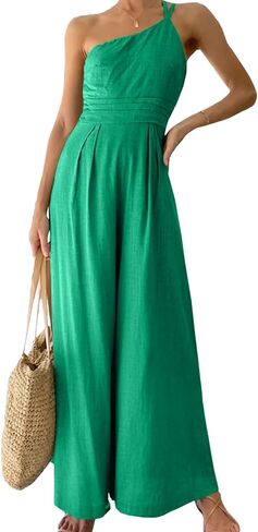 OPOIPIN Women's One Shoulder Straps Sleeveless Pleated High Waist Wide Leg Jumpsuit Romper with Pockets in Saudi Arabia