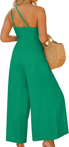 OPOIPIN Women's One Shoulder Straps Sleeveless Pleated High Waist Wide Leg Jumpsuit Romper with Pockets in Saudi Arabia