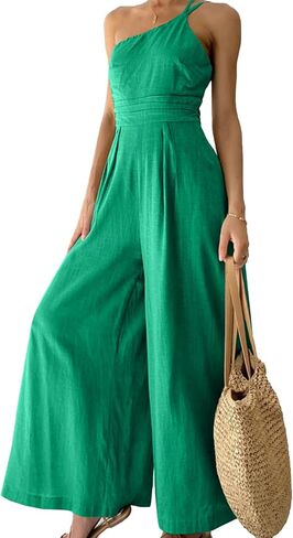 OPOIPIN Women's One Shoulder Straps Sleeveless Pleated High Waist Wide Leg Jumpsuit Romper with Pockets in Saudi Arabia
