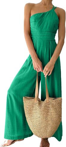 OPOIPIN Women's One Shoulder Straps Sleeveless Pleated High Waist Wide Leg Jumpsuit Romper with Pockets in Saudi Arabia