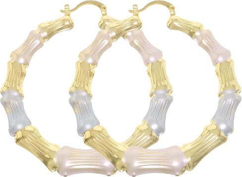 Women's Classic Tri-Colored (Silver, Gold, Rose Gold) Bamboo Round Shaped Hollow Casting Statement Hoop Earrings Small Big Largse Sizes 40-80mm in Kuwait