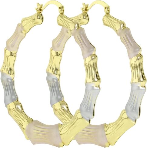Women's Classic Tri-Colored (Silver, Gold, Rose Gold) Bamboo Round Shaped Hollow Casting Statement Hoop Earrings Small Big Largse Sizes 40-80mm in Kuwait