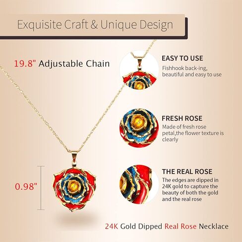OLEKURT قلادة وردية هدايا للنساء، مجوهرات قلادة متدلية من الذهب الحقيقي عيار 24 قيراط - أفضل هدية لزوجتها وأمها والذكرى السنوية لعيد الحب وأعياد الميلاد والمناسبات الخاصة in Kuwait