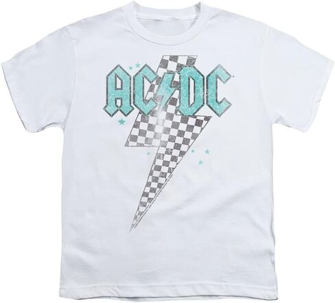 PopFunk Classic AC/DC Skewed Checkerboard Bolt, White Youth/Big Kids 7+ Years Unisex Boy Girl Short Sleeve Graphic T-Shirt (X-Large) Skewed Checkerboard Bolt, White in Saudi Arabia