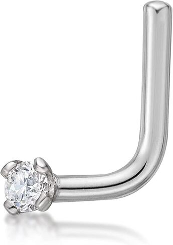 22 Gauge L-Shape Stud Nose Ring for Women in 14k White or Yellow Gold with 0.01 to 0.07 Carat Genuine Diamond by Lavari Jewelers in Saudi Arabia