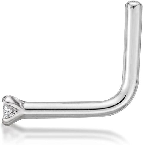 22 Gauge L-Shape Stud Nose Ring for Women in 14k White or Yellow Gold with 0.01 to 0.07 Carat Genuine Diamond by Lavari Jewelers in Saudi Arabia