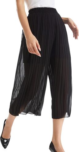 TEERFU فستان نسائي واسع الساق سروال عالي الخصر غير رسمي فلوي بوهو بنطلون مطوي شيفون مرونة الخصر سروال منتصف العجل طول in Kuwait