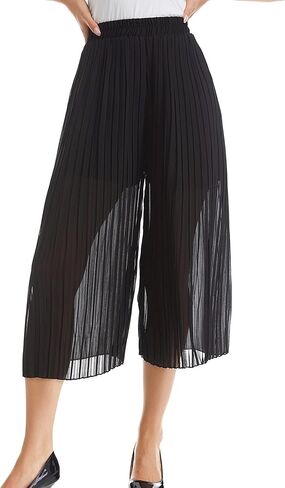 TEERFU فستان نسائي واسع الساق سروال عالي الخصر غير رسمي فلوي بوهو بنطلون مطوي شيفون مرونة الخصر سروال منتصف العجل طول in Kuwait