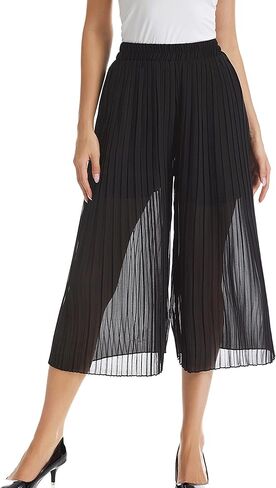 TEERFU فستان نسائي واسع الساق سروال عالي الخصر غير رسمي فلوي بوهو بنطلون مطوي شيفون مرونة الخصر سروال منتصف العجل طول in Kuwait