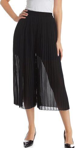 TEERFU فستان نسائي واسع الساق سروال عالي الخصر غير رسمي فلوي بوهو بنطلون مطوي شيفون مرونة الخصر سروال منتصف العجل طول in Kuwait