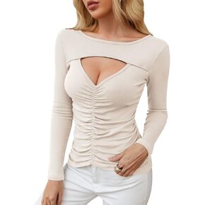 V FOR CITY Women Sexy Front Cut Out Tops Ruched Rib Knit T-Shirts Spring Summer Shirt