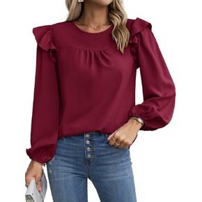 بلوزة نسائية بأكمام طويلة من AOVDE - قمصان فضفاضة كاجوال برقبة دائرية وأكمام واسعة in Kuwait