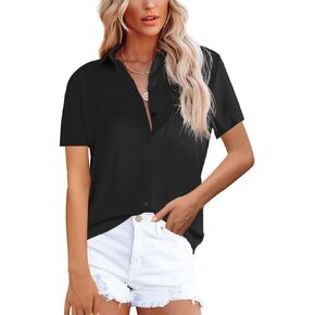 Diosun Womens Button Down Shirts V Neck Satin Casual Long/Short Sleeve Plain Blouses Office Work Tops with Pocket