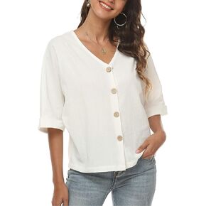LNX Womens V Neck Button Down Linen Shirts Short Sleeve Casual Blouses Summer Tops