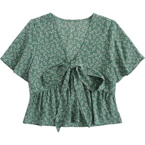 LYANER Women's Floral Print V Neck Tie Knot Ruffle Hem Short Sleeve Blouse Peplum Top