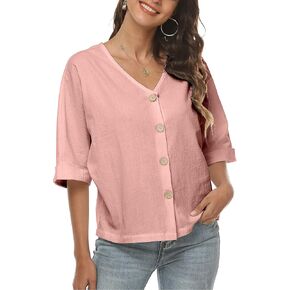 LNX Womens V Neck Button Down Linen Shirts Short Sleeve Casual Blouses Summer Tops
