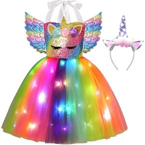 Unicorn Costume for Girls Led Light Up Unicorn Princess Tutu Outfit for Halloween Dress Up Birthday Christmas Gifts