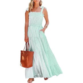 R.Vivimos Women's Summer Cotton Adjustable Straps Boho Stripe Casual Flowy A Line Midi Dress with Pockets in Kuwait