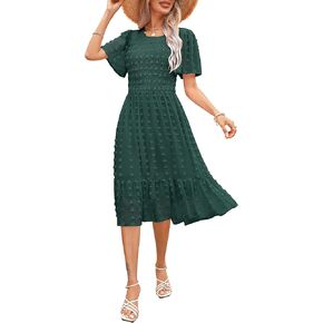Women 2023 Summer Dress Round Neck Smocked Flutter Short Sleeve Swiss Dot Casual Midi Dress Swing Flowy Ruffle Beach Dress