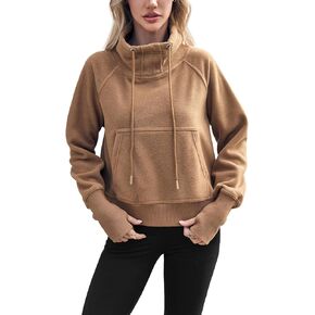 Fisoew Fleece Sweatshirts for Women Crop Fall Long Sleeve Turtle Neck Pullover Jacket Thumb Hole in Kuwait