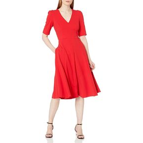 Donna Morgan Women's Stretch Crepe Elbow Sleeve V-Neck Fit and Flare Midi Dress in Kuwait