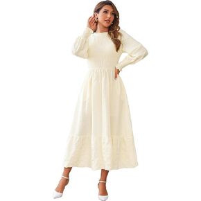 VintageClothing المرأة 2023 خريف غير رسمي فساتين متوسطة الطول كم طويل رقبة دائرية Smocked Flowy طبقات فستان طويل مع جيوب in Kuwait