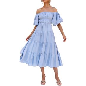 R.Vivimos Off-Shoulder Dresses for Women Summer Puff Sleeve Empire Waist Casual Ruffle A-Line Flowy Midi Dress with Belt in Kuwait